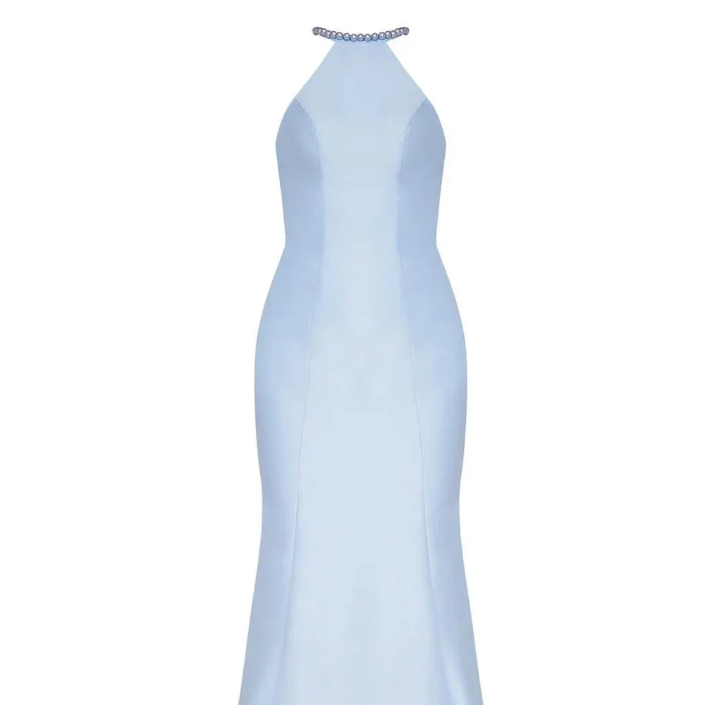 Tarik Ediz Sheer Halter Neck Mermaid Evening Dress Skyway Blue Size 2
